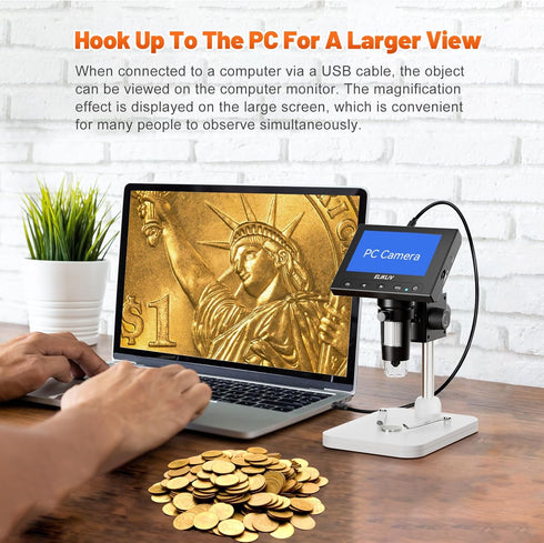 Elikliv Microscope, LCD Digital Coin Microscope 1000x, 8 Adjustable LED Lights, PC View Compatible