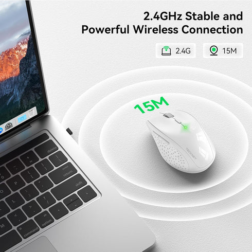 TECKNET Wireless Mouse, 2.4G USB Computer Mouse, 6-Level Adjustable 4800 DPI, Ergonomic Grips, 6 Buttons - White