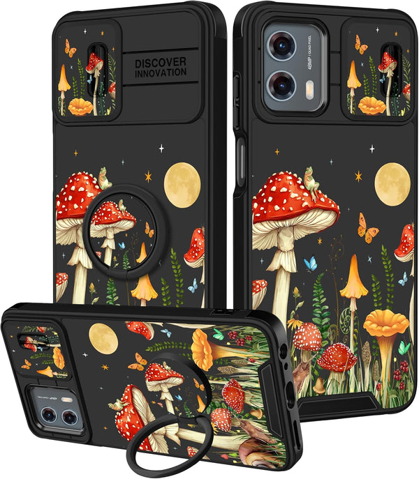 2in1 Cute Girls Phone Cover for Motorola Moto G 5G 2023, Unique Mushroom Design with Camera Cover and Ring Stand