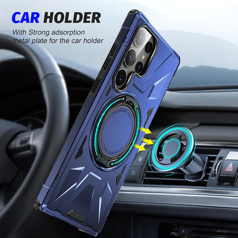 Galaxy S24 Ultra Navy Blue Case: Dual Layer Hard PC Cover with Camera Lens Protector & 360° Ring Holder Stand.