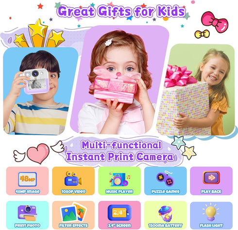 Kids Instant Print Camera, Christmas Birthday Gifts for Girls & Boys, Digital Camera with 32GB Card, 1080P Video,