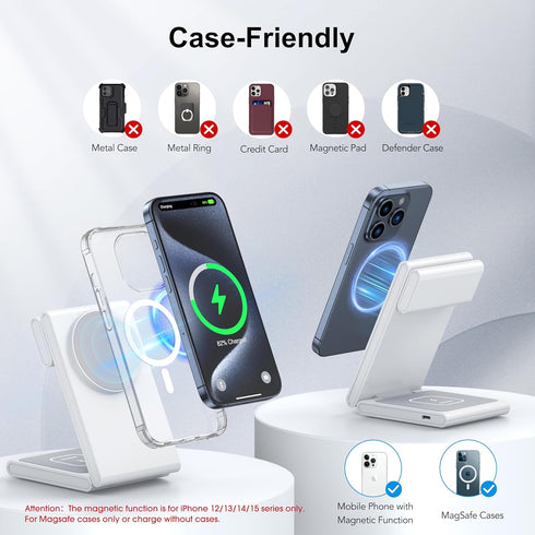 Wireless Charging Station with 20W USB C Adapter, 3 in 1 Magnetic Foldable Travel Charger Stand for iPhone 12 13 14 15