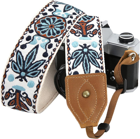 Padwa Lifestyle Camera Strap for DSLR/SLR Cameras - Double Layer Cowhide Ends, 2" Wide Vintage Embroidered Cotton Strap