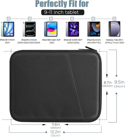 TiMOVO 9-11" Tablet Sleeve, Black Protective Bag with Pocket for iPad Air 11", iPad Pro 11", Galaxy Tab S9/S8/A7