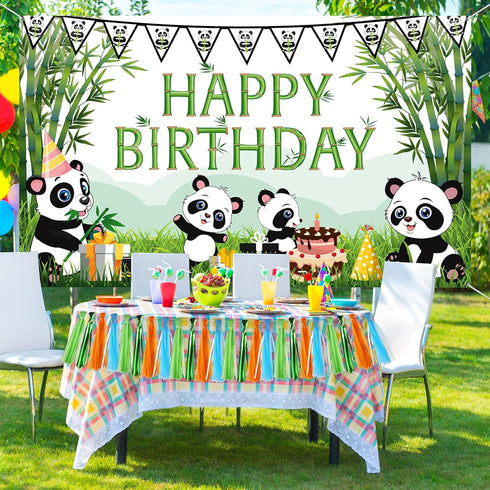 Cartoon Panda Birthday Decorations, Panda Backdrop for Party Supplies, Green Bamboo Background for Kids Birthday Party