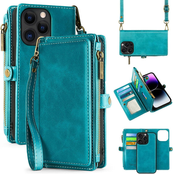 MInCYB iPhone 13 Wallet Case with Card Holder (12 Card Slots), PU Leather, Wireless Charging, Shockproof, Blue