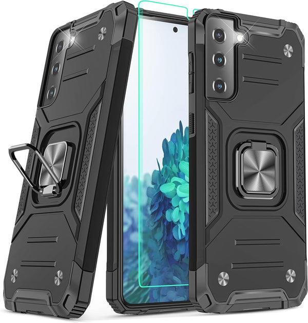 YmhxcY for Galaxy S21 5G Case with 3D Curved Screen Protector, Armor Grade Case with Rotating Holder (Black)