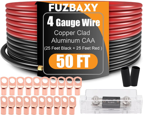 4 Gauge Wire (25ft Black + 25ft Red) Copper Clad Aluminum CCA, 20PCS Lugs, 20PCS Heat Shrink Tubing, 100A ANL Fuse