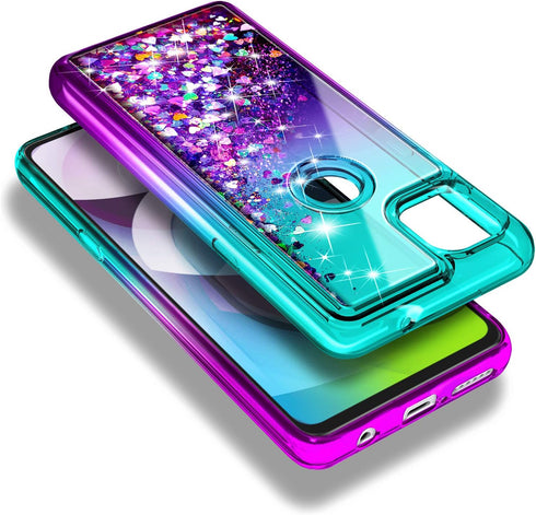 NZND Case for Motorola One 5G Ace - Tempered Glass Screen Protector, Sparkle Glitter Flowing Liquid Case