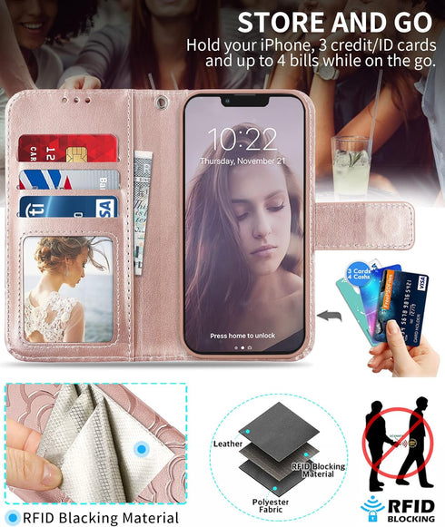 CASEOWL Detachable Wallet Case for iPhone 13 Pro Max, Folio Flip Leather Case with RFID Card Holder Strap - Camellia