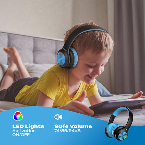 PowerLocus PLED Kids Bluetooth Headphones, Wireless Headphones with LED Lights, 74/85/94dB Safe Volume, Micro SD, AUX