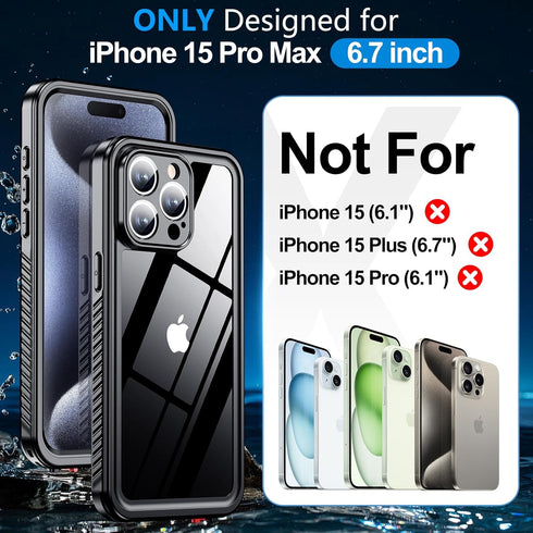 MOZOTER Waterproof Case for iPhone 15 Pro Max, IPX8 Underwater, Full Body Shockproof, Built-in Screen Protector, 6.7