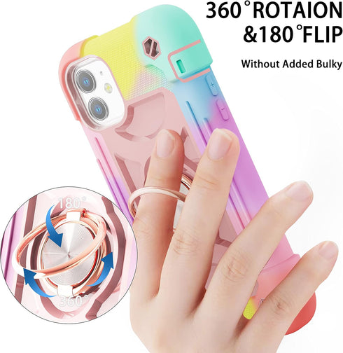 MARKILL Cute Military Grade Drop Protection Case for iPhone 11, 6.1 Inch, with 360° Rotate Ring Stand, Rainbow Pink