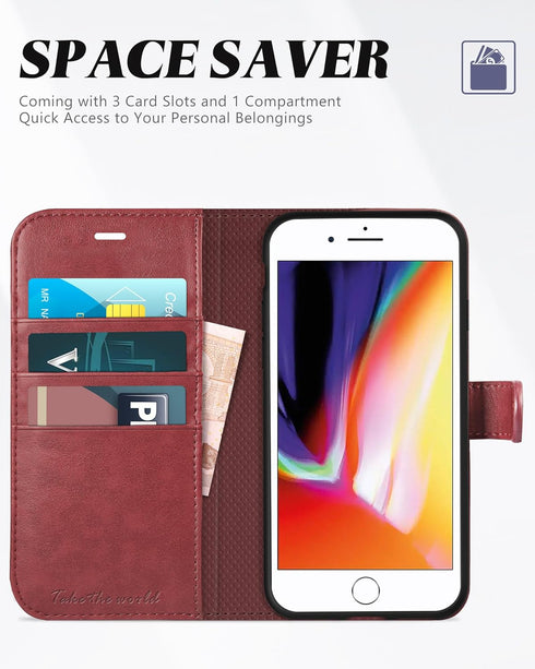 TUCCH Wallet Case for iPhone 8 Plus/7 Plus, Dark Red Magnetic Closure with Card Slots Money Pouch, Stand PU Leather
