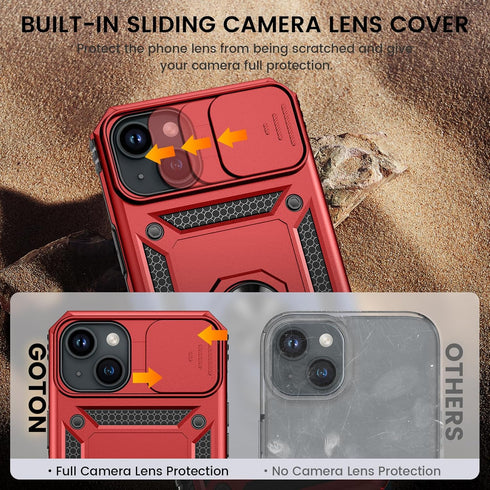 Goton iPhone 15 Plus Case - Heavy Duty Shockproof Bumper with Screen Protector & Slide Camera Cover, Red