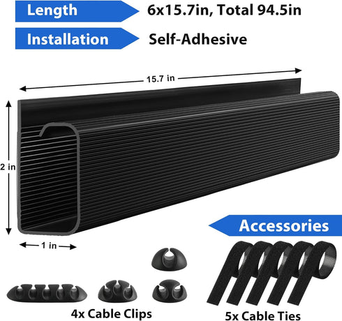 ZhiYo Cable Management Under Desk, 6x15.7in, 94.5in Cord Organizer, Self-Adhesive Wire Management Black J Channel