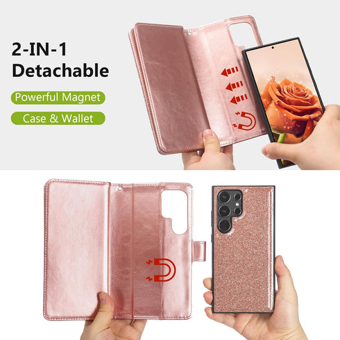 Varikke Detachable Wallet Case for Galaxy S22 Ultra, Glitter Leather Strap Magnetic Flip Cover for Women - Rose Gold