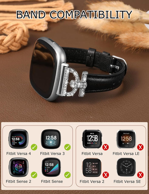 Minyee Leather Bands for Fitbit Versa 4/Versa 3/Sense 2, Dressy Bling Slim Leather Strap with D-shaped Diamonds Metal