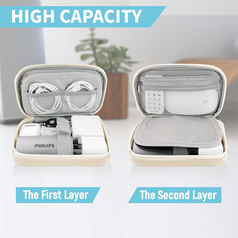 Electronics Travel Organizer, Portable Waterproof Storage Bag for Small Charging Cords, Charger, SD Cards, Beige