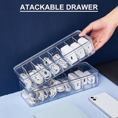 Tatuo 6 Pcs Cable Organizer Box with Wire Ties, Clear Plastic Cord Storage Box with Lid for Home Office Desk