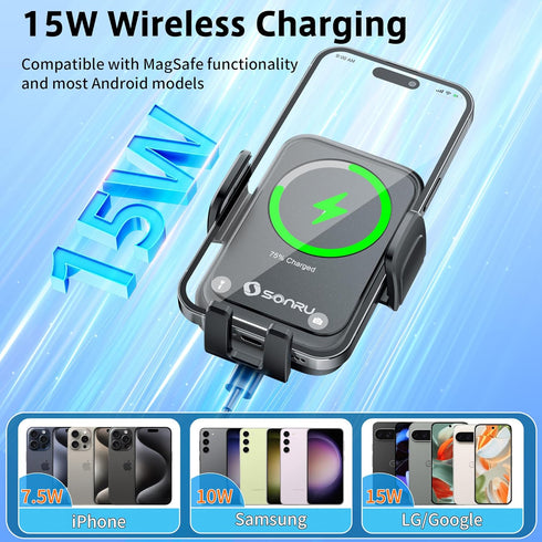 SONRU 15W 16/15/14/13/12/11, S25/24 Car Phone Holder Wireless Charger, Qi Wireless Car Charger Fast Charging Auto
