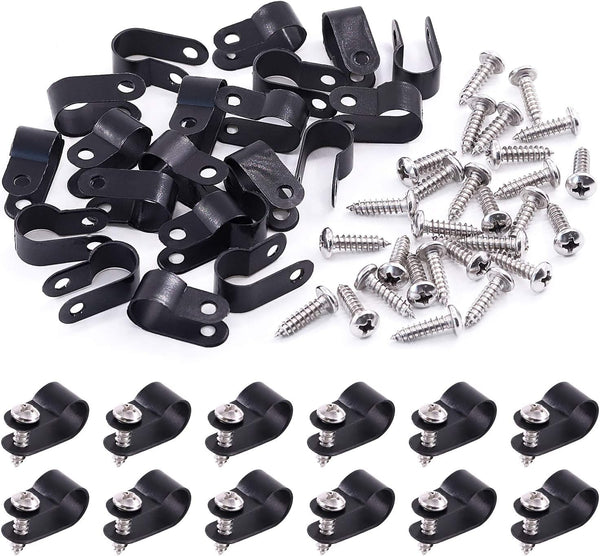 Swpeet 120 Pack Black Nylon Plastic R-Type Cable Clips, Screw Mounting Cord Fastener Clips (3/8 Inch)
