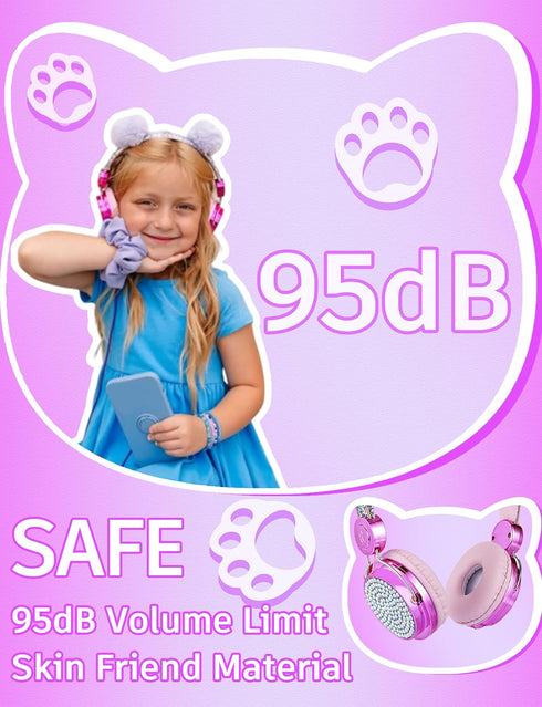 Unicorn Kids Pom Headphones with Mic, 85DB Limit, Shareport, HD Stereo Wired, Hot Purple, Perfect Travel Gift for Girls.