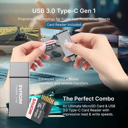Miofive 3.0 170MB/s, C10, U3, A2, V30, 4K (128GB) Memory Card - Ultimate Micro SD Card with USB Type-C Card Reader