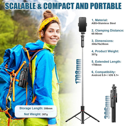 OneNine 67" 1/4 Selfie Stick Tripod for iPhone with Remote Control, Phone Holder and Screw, Adjustable Multi-Angle