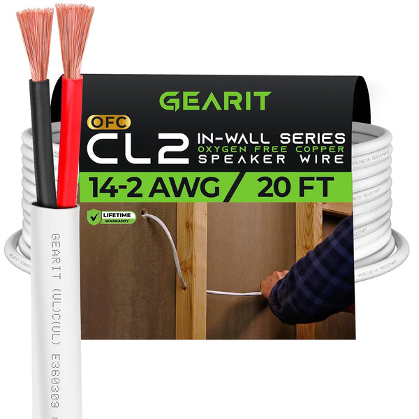 GearIT 14/2 Speaker Wire (20 Feet) 14AWG Gauge - Fire Safety CL2 Rated Audio Cable, OFC Copper, White