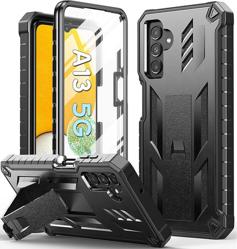 TPU Soft Shock Proof Case for Samsung Galaxy A13 5G - Heavy Duty Military Grade Rugged Cover with Kickstand (Black).