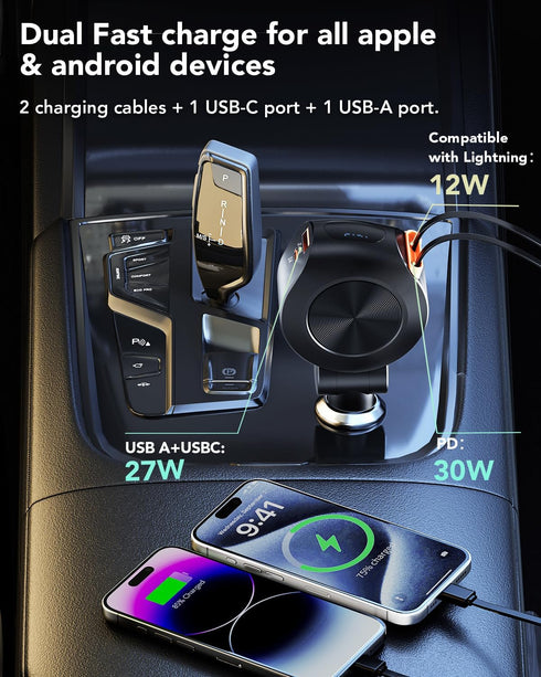 Retractable Car Charger 69W, 4 in 1 Fast Car Phone Charger, Retractable Cables and 2 USB Ports, Smaller Cigarette