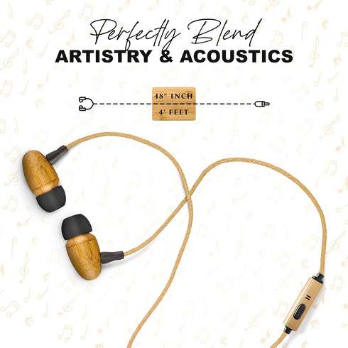Earth-Budz Wood Earbuds, Hand-Crafted Bamboo with Microphone and Natural Hemp Cord, Lightweight