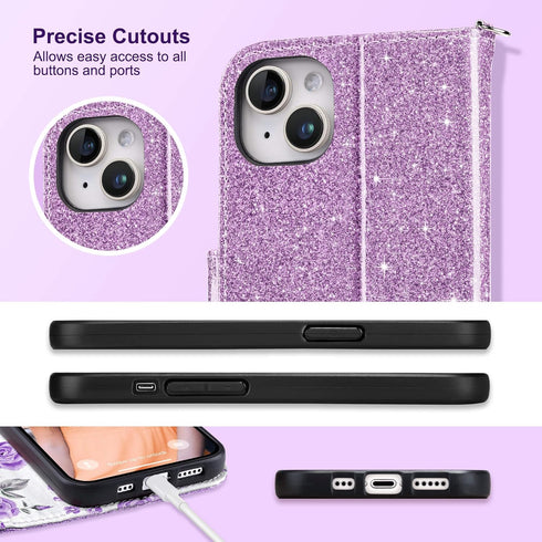 ULAK iPhone 13 Wallet Case for Women, Premium PU Leather Flip Cover with Card Holder, Kickstand - Purple Glitter
