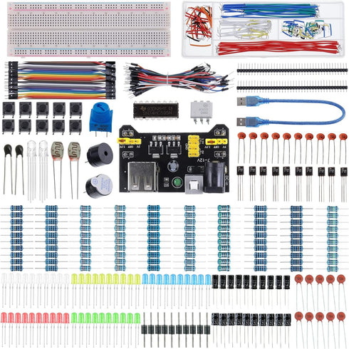 BOJACK 37 Values 480 Pcs Electronics Component Fun Kit with Power Supply Module, Jumper Wire, Breadboard