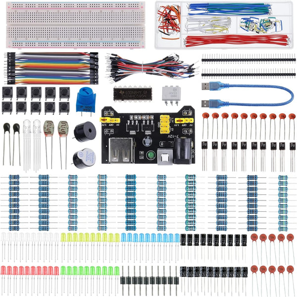 BOJACK 37 Values 480 Pcs Electronics Component Fun Kit with Power Supply Module, Jumper Wire, Breadboard