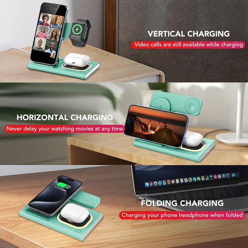 3 in 1 Foldable Charging Station for Apple Products, Fast Wireless Charger Dock for iPhone, iWatch, AirPods (Green)
