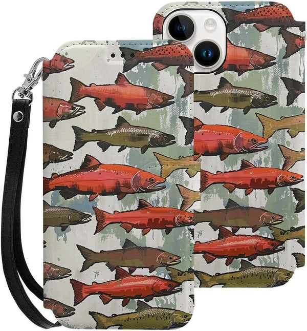 ZHANLEI Salmon Printed Phone Wallet Case for iPhone 15, PU Leather Flip Phone
