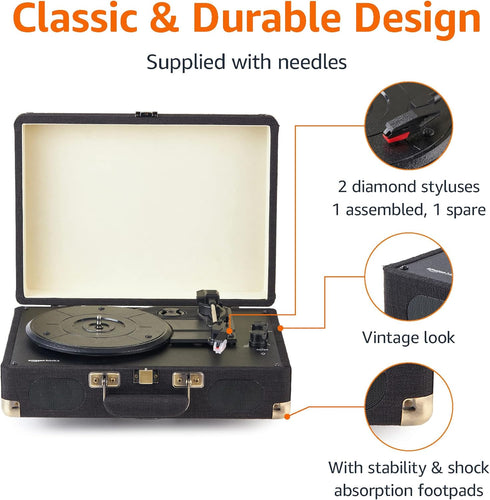 Amazon Basics 3-Speed, Portable Suitcase Vinyl Turntable Record Player with Built-in Stereo Speakers, Belt Drive
