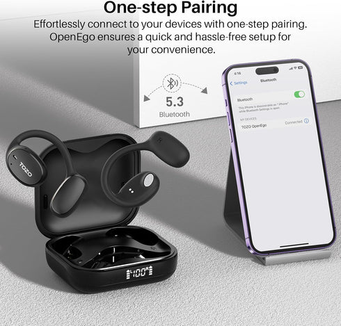 TOZO OpenEgo True Wireless Open Ear Headphone, Black, 5.3 Bluetooth Sport Earbuds with 80H Playback