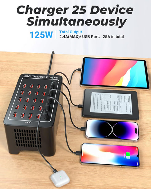 USB Charging Station, 25 Port 125W (25A), Travel Desktop Rapid Charger, Multi Ports Fast Charging Station for Devices