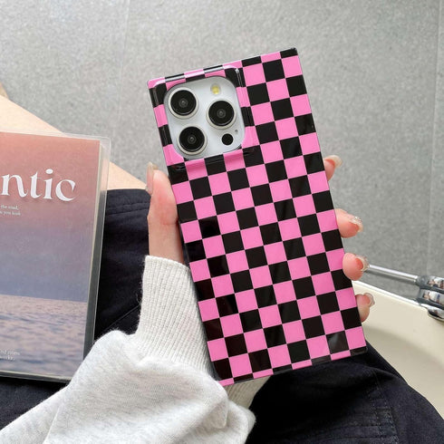 Pink Checkered Rectangle Phone Case for iPhone 15 Pro (6.1in) Slim Trendy Glossy Checkerboard Shockproof Cover