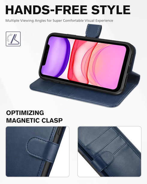 TUCCH Case Wallet for iPhone 11, PU Leather Flip Folio Case with Shockproof TPU Inner Shell, RFID Blocking, Dark Blue