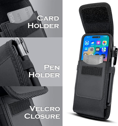 iPhone 15, 15 Pro, 14, 14 Pro, 13, 13 Pro, 12, 12 Pro, 11, XR, XS, 10 Holster Case with Card Slot & Belt Clip, Black.