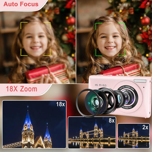 Pink Kids 4K Digital Camera: Compact Photography and Video Camera with 64MP Autofocus and 32GB TF Card