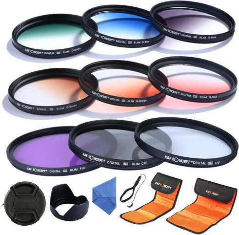 K&F Concept 62mm 9pcs Filter Kit: UV Protector, Circular Polarizing Filter, Microfiber Lens Cleaning Cloth, Petal Lens