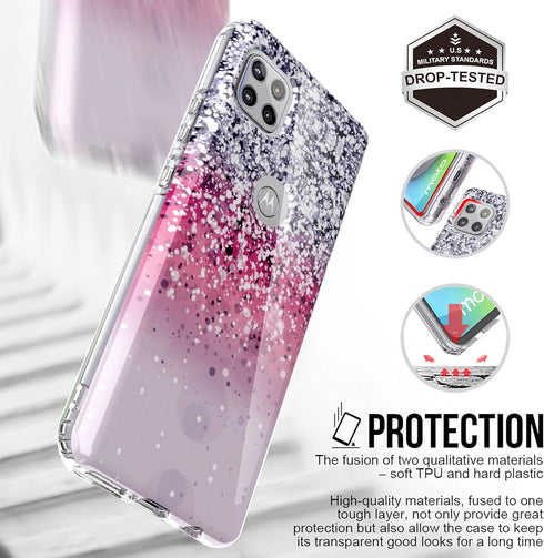 BAISRKE Moto G 5G Case, Motorola One 5G Ace Glitter Sparkle Shockproof Clear Hard Back Cover - Pink