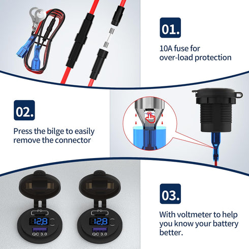 DaierTek 12V USB C Car Charger Socket, 48W PD Type C & QC 3.0 Dual USB Charging Socket Port Waterproof with Voltmeter