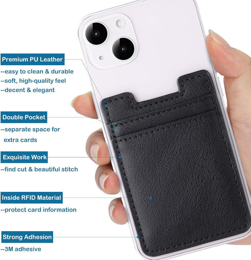 Phone Wallet Stick on, 2Pack Phone Card Holder for Back of Phone Case, Leather Credit Card Holder for Cell Phone Sticky