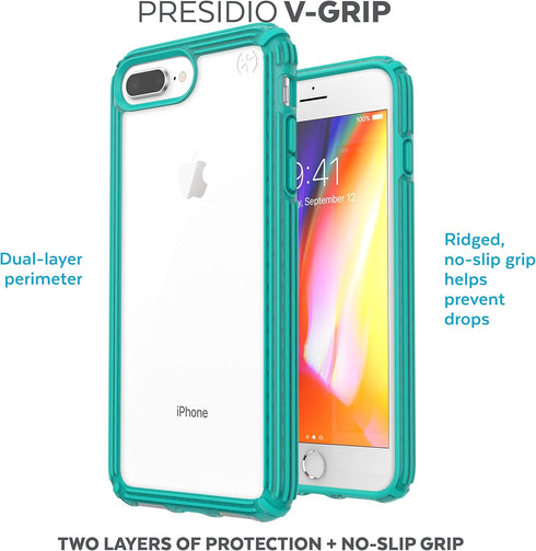 Speck Products Presidio V-Grip Case for Apple iPhone 8 Plus, Clear/Caribbean Blue Compatible Phone Case